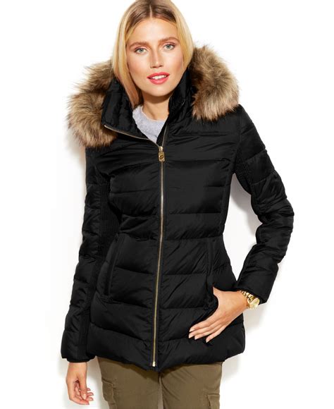 michael michael kors faux fur trim hooded down puffer coat|michael kors lightweight down jacket.